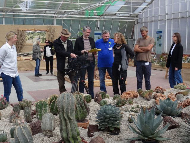 Eine Filmcrew mit Kamera steht mit Vereinsvorstand vor einem großen Beet gefüllt mit Kakteen und Sukkulenten im Gewächshaus des botanischen Garten Berlins, im Hintergrund sind wenige Gäste zu sehen.